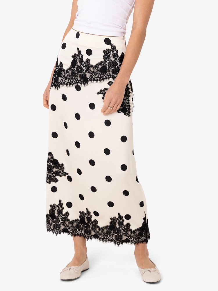 Amy Lynn Black Verona Contrast Polka Dot Satin Lace Midi Skirt - Image 1 of 4