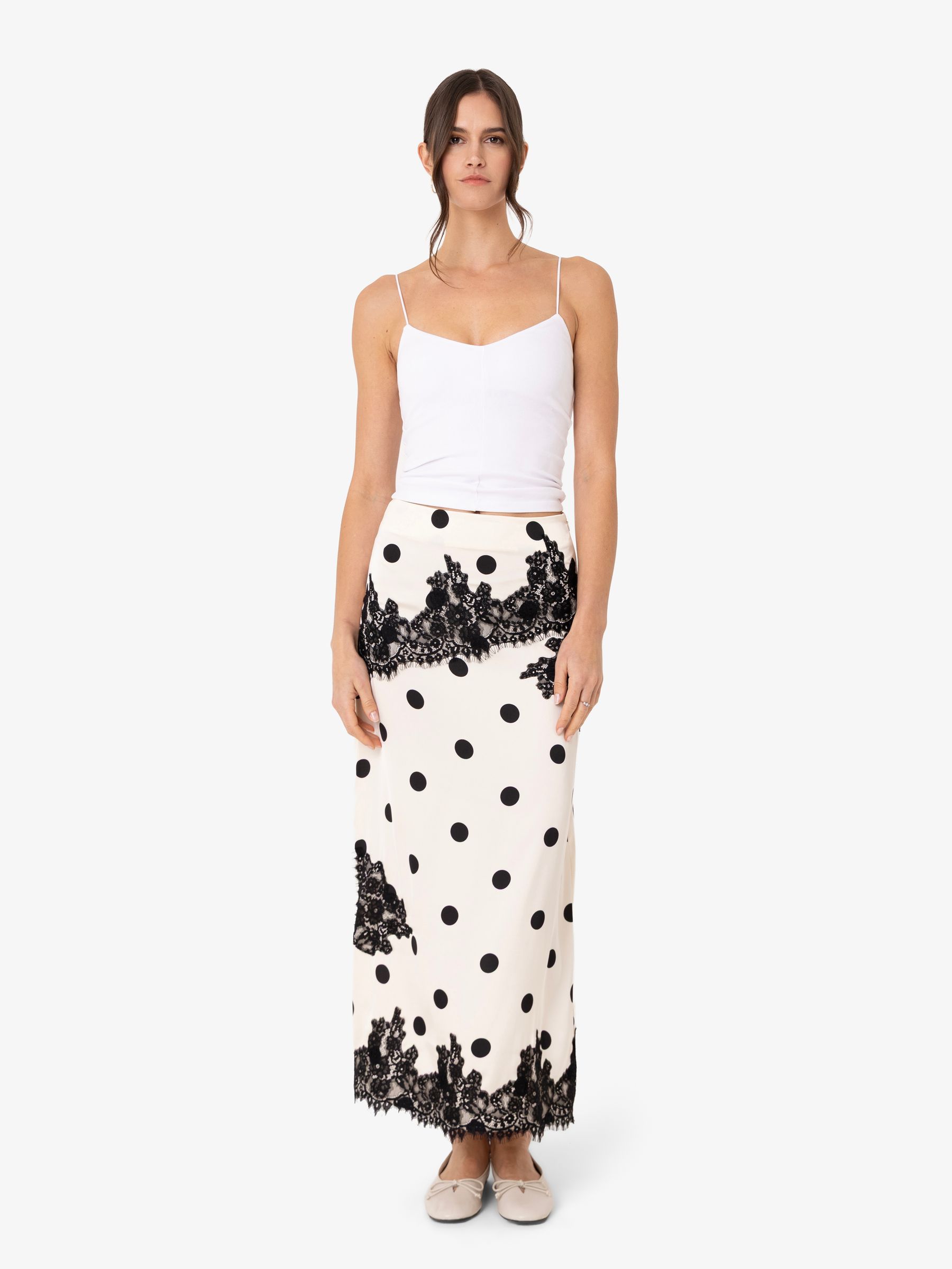 Buy Amy Lynn Black Verona Contrast Polka Dot Satin Lace Midi Skirt