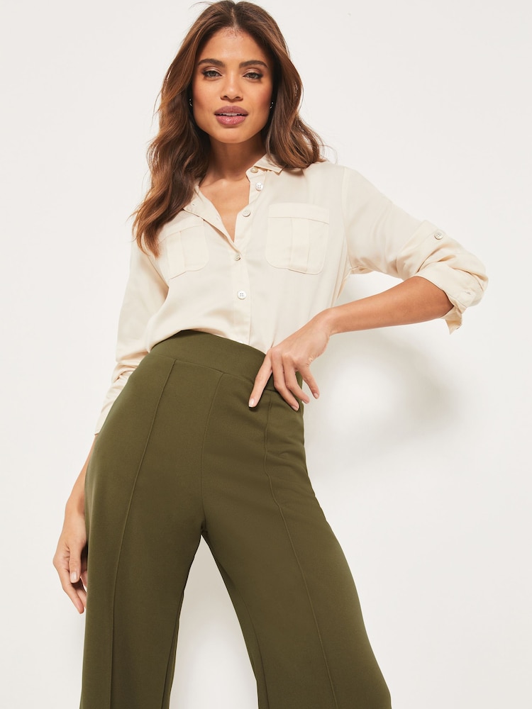 Lipsy Khaki Green Twill High Waist Wide Leg Tailored Trousers - Image 4 of 4