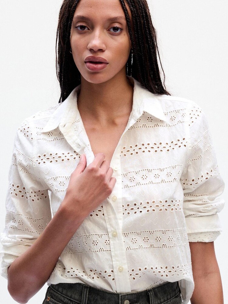 Gap White Eyelet Perfect Long Sleeve Shirt - Image 1 of 1 Gap White Eyelet Perfect Long Sleeve Shirt - Image 1 of 1