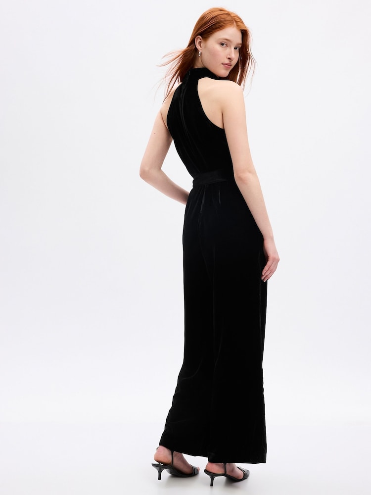 Gap Black Velvet Mock Neck Halter Jumpsuit - Image 2 of 5 Gap Black Velvet Mock Neck Halter Jumpsuit - Image 2 of 5