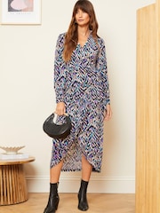 Love & Roses Purple Print Wrap Long Sleeve Jersey Midi Dress - Image 1 of 4