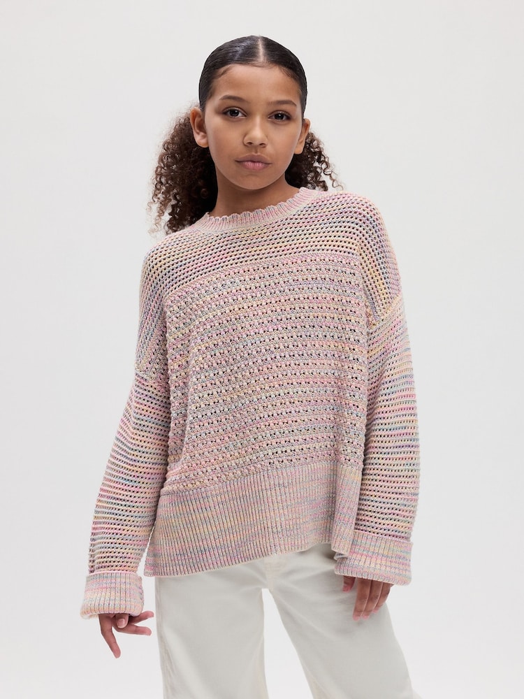 Gap Pink Rainbow Crochet Long Sleeve Jumper (4-13yrs) - Image 1 of 1 Gap Pink Rainbow Crochet Long Sleeve Jumper (4-13yrs) - Image 1 of 1
