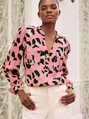 Love & Roses Pink Animal Petite V Neck Utility Button Through Shirt - Image 1 of 4
