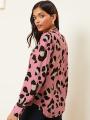 Love & Roses Pink Animal Petite V Neck Utility Button Through Shirt - Image 3 of 4