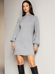 Lipsy Charcoal Grey Long Sleeve High Neck Knitted Mini Dress - Image 1 of 4