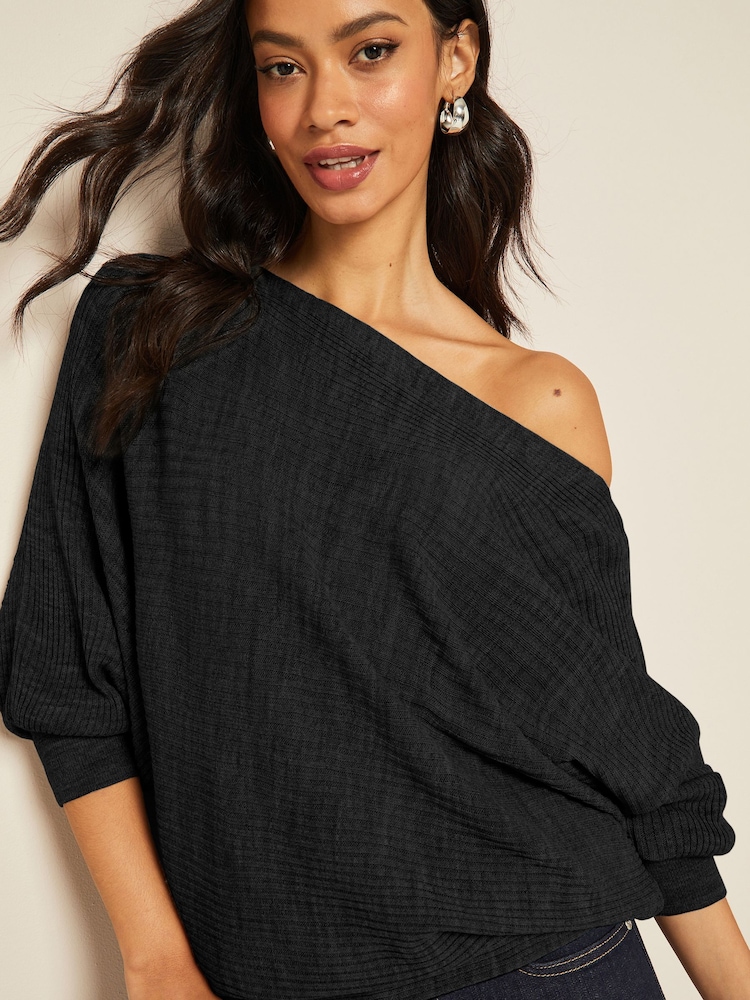 Friends Like These Black Petite Batwing Knitted Off The Shoulder Jumper - Image 4 of 4 Friends Like These Black Petite Batwing Knitted Off The Shoulder Jumper - Image 4 of 4
