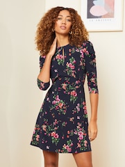 Love & Roses Navy Blue Floral Puff Sleeve Keyhole Neckline Jersey Mini Skater Dress - Image 1 of 1