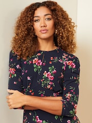 Love & Roses Navy Blue Floral Puff Sleeve Keyhole Neckline Jersey Mini Skater Dress - Image 2 of 4