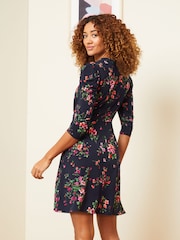 Love & Roses Navy Blue Floral Puff Sleeve Keyhole Neckline Jersey Mini Skater Dress - Image 3 of 4