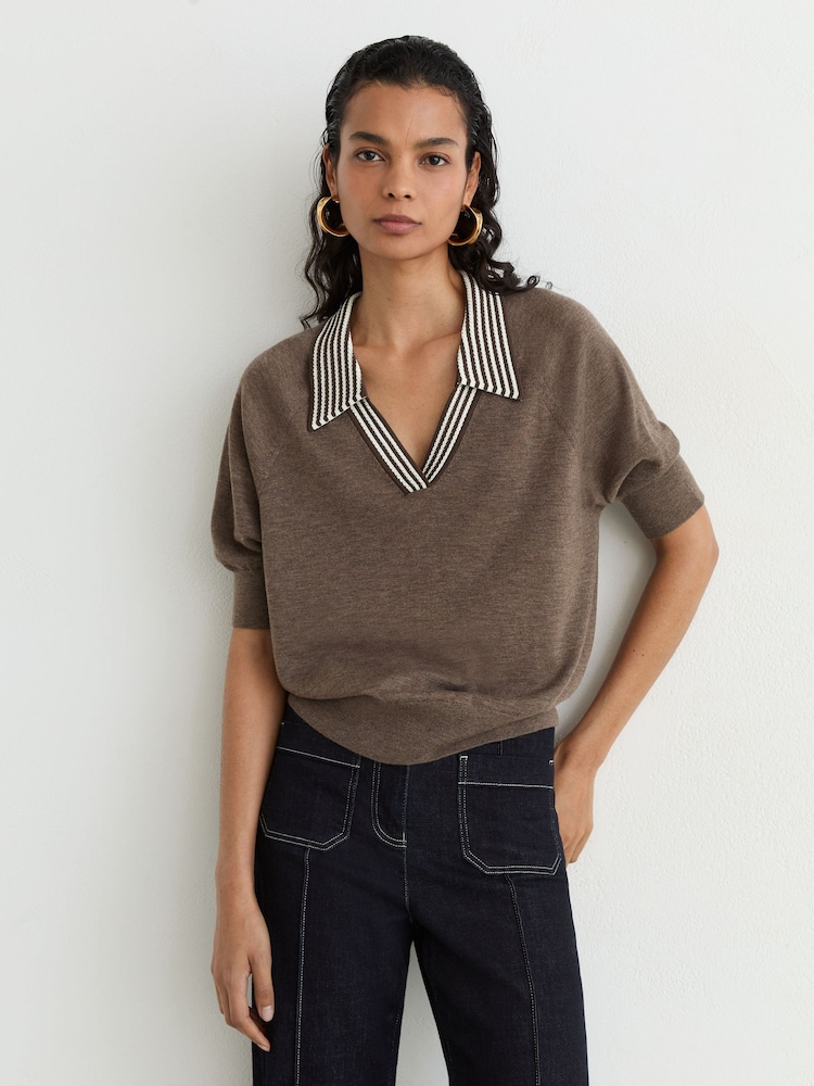 Reiss Taupe Brown Neva Wool Open-Collar Short-Sleeve Polo Shirt - Image 1 of 6 Reiss Taupe Brown Neva Wool Open-Collar Short-Sleeve Polo Shirt - Image 1 of 6