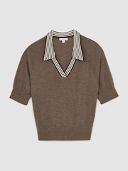 Reiss Taupe Brown Neva Wool Open-Collar Short-Sleeve Polo Shirt - Image 2 of 6
