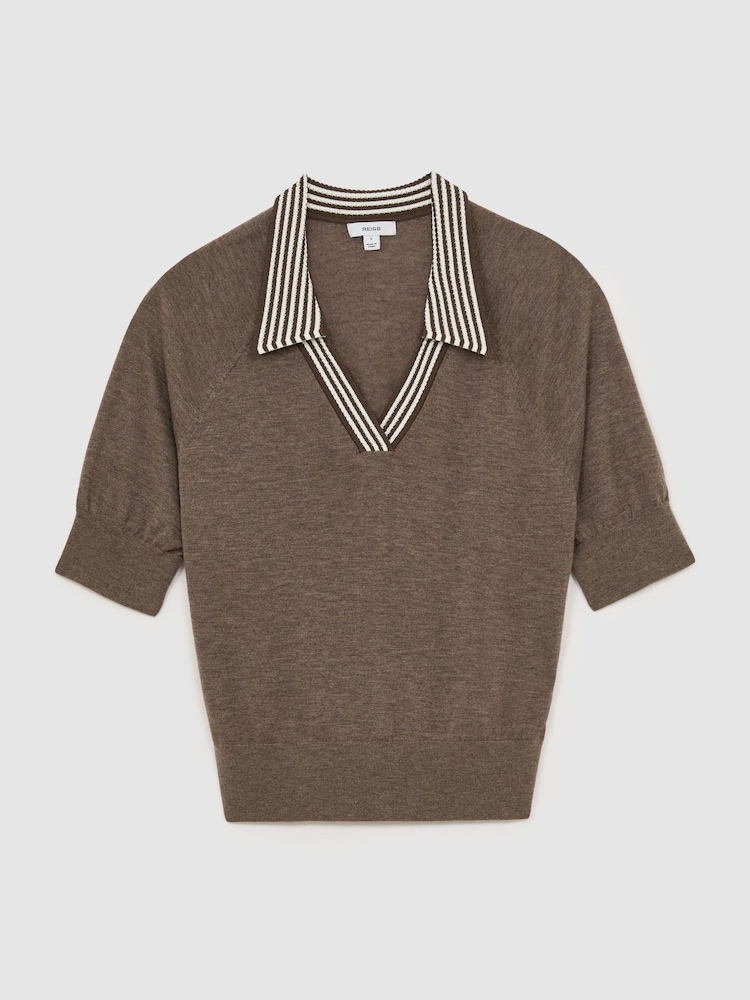 Reiss Taupe Brown Neva Wool Open-Collar Short-Sleeve Polo Shirt - Image 2 of 6 Reiss Taupe Brown Neva Wool Open-Collar Short-Sleeve Polo Shirt - Image 2 of 6