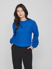 VILA Blue Round Neck Cosy Cable Knit Jumper - Image 1 of 5