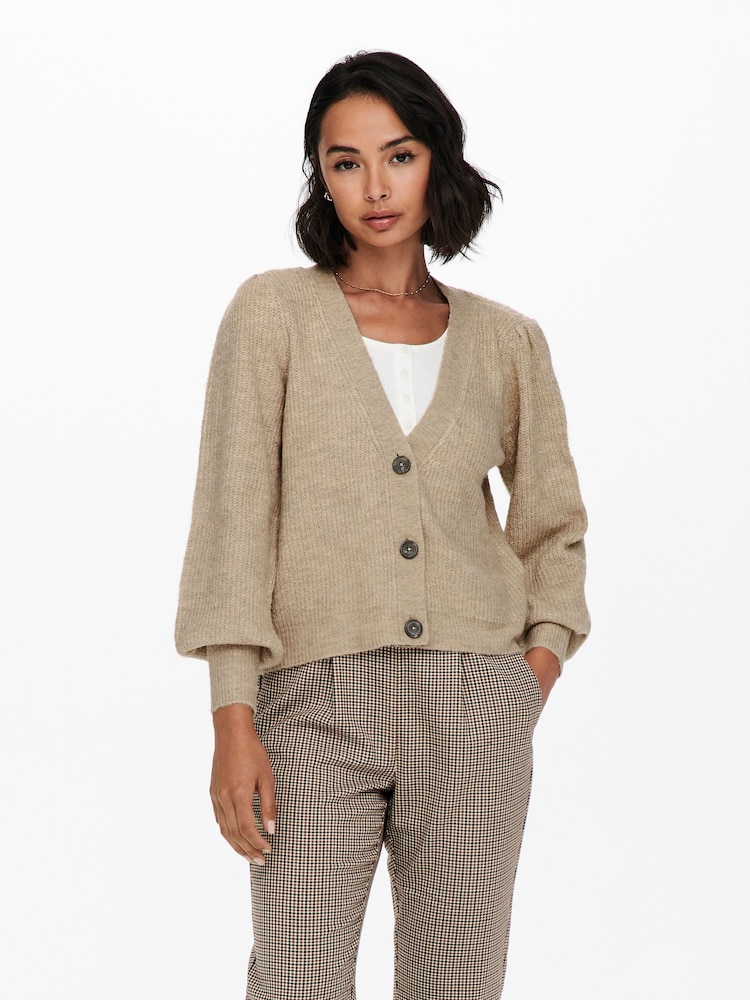 JDY Cream Soft Touch Puff Sleeve Cardigan Jumper - Image 1 of 4