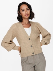 JDY Cream Soft Touch Puff Sleeve Cardigan Jumper - Image 3 of 4