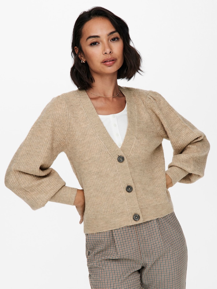 JDY Cream Soft Touch Puff Sleeve Cardigan Jumper - Image 3 of 4