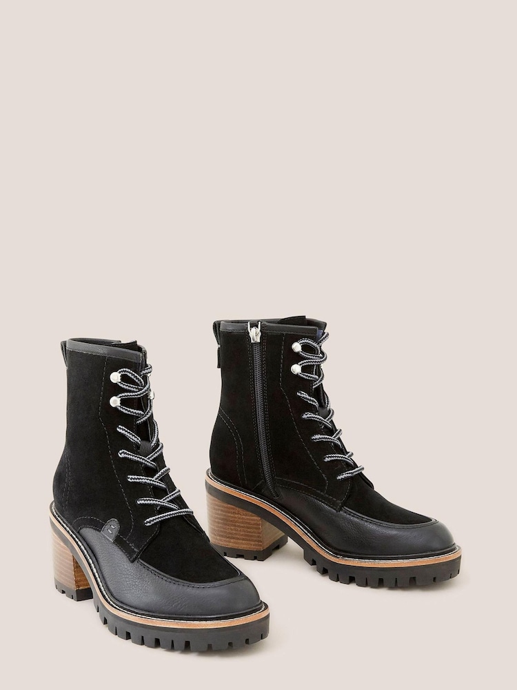 White Stuff Mid Heel Suede Lace-Up Black Boots - Image 2 of 3