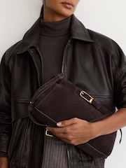 Reiss Chocolate Oriana Suede Belted Shoulder Bag - Image 1 of 8