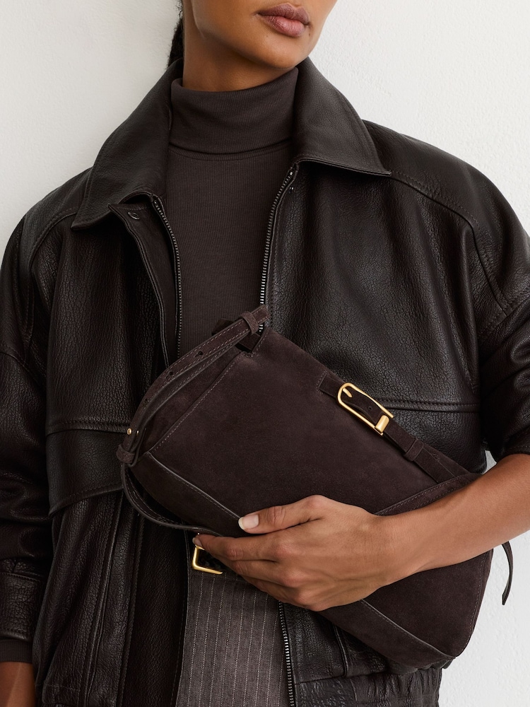 Reiss Chocolate Oriana Suede Belted Shoulder Bag - Image 1 of 8 Reiss Chocolate Oriana Suede Belted Shoulder Bag - Image 1 of 8