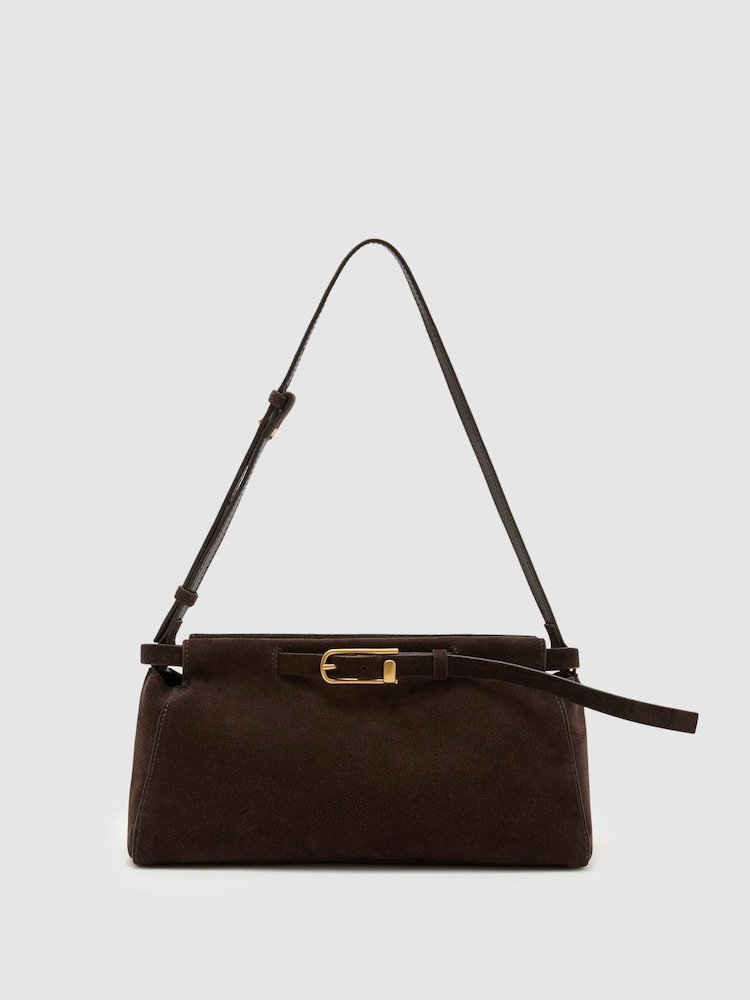 Reiss Chocolate Oriana Suede Belted Shoulder Bag - Image 2 of 8 Reiss Chocolate Oriana Suede Belted Shoulder Bag - Image 2 of 8