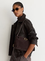 Reiss Chocolate Oriana Suede Belted Shoulder Bag - Image 4 of 8