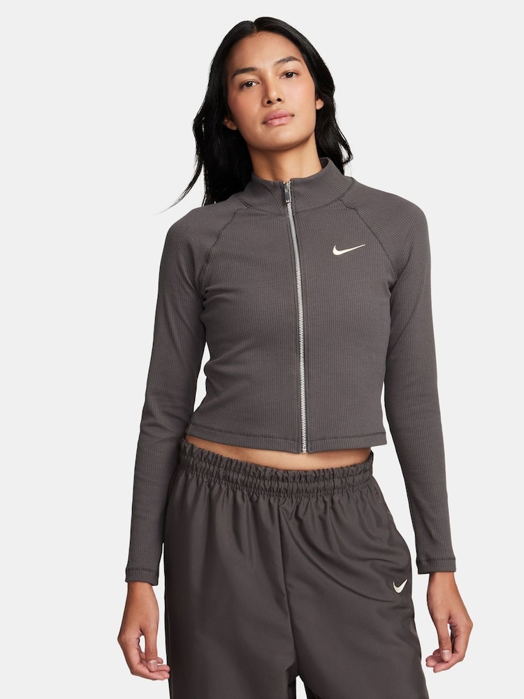 Nike Brown Zip Up Ribbed Knit Jacket - Image 1 of 6