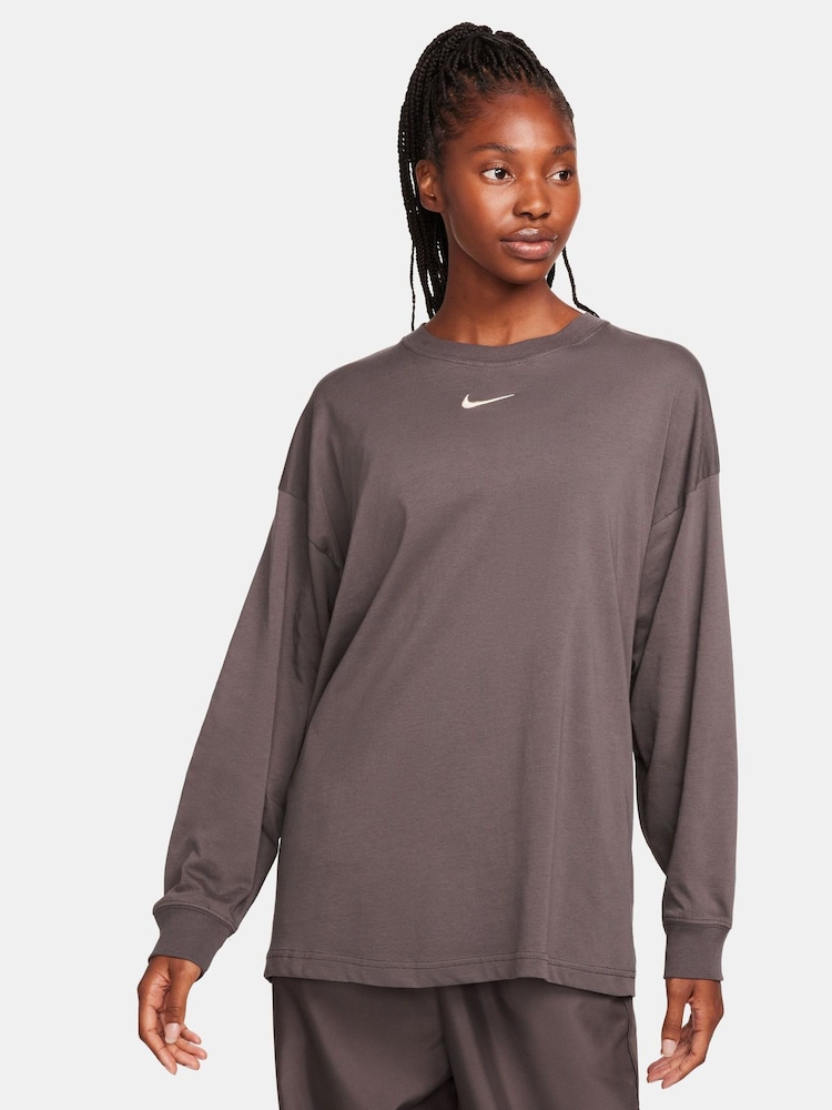 Nike light brown Oversized Mini Swoosh Long Sleeve 100% Cotton T-Shirt - Image 1 of 6