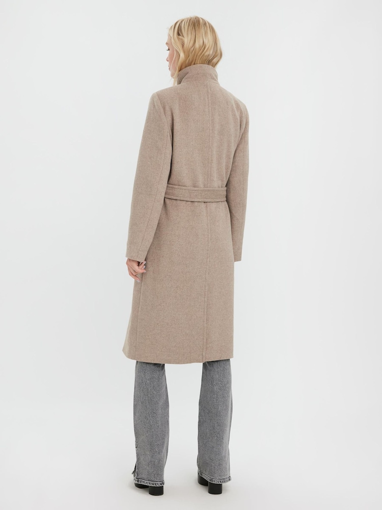 VERO MODA Brown Funnel Neck Belted Coat With Wool Mix - Image 2 of 6