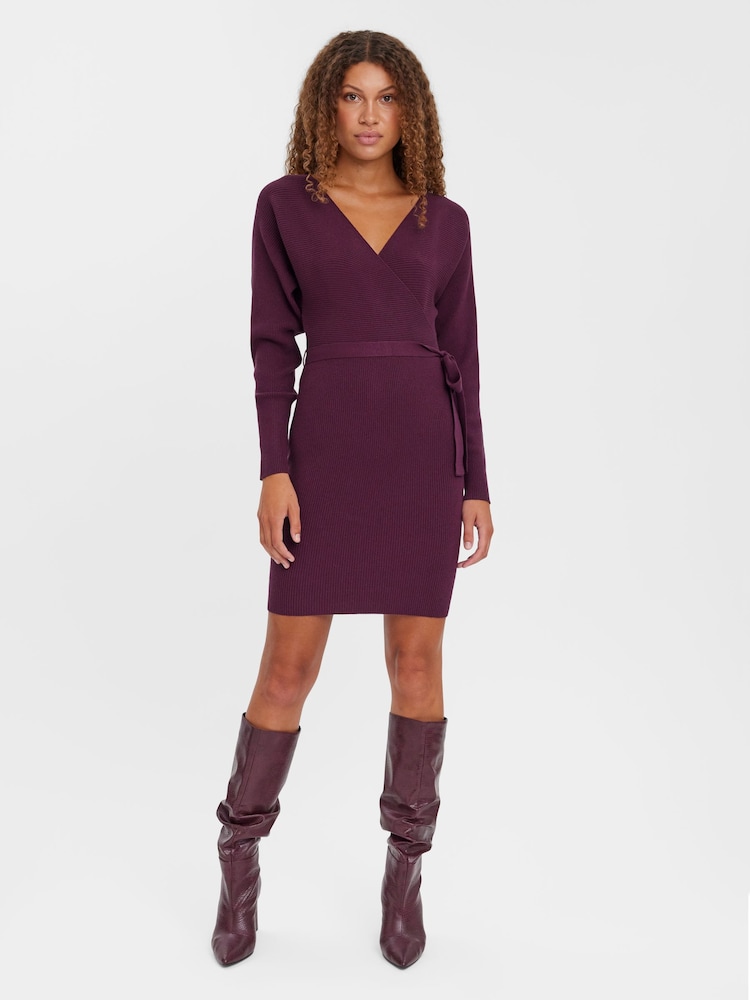 bordeaux - Vero Moda Robe pull en maille enveloppante à col en V - Image 3 of 6