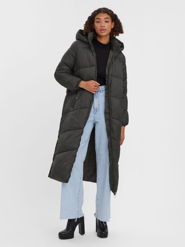 VERO MODA Green Padded Hooded Longline Coat - Image 1 of 5