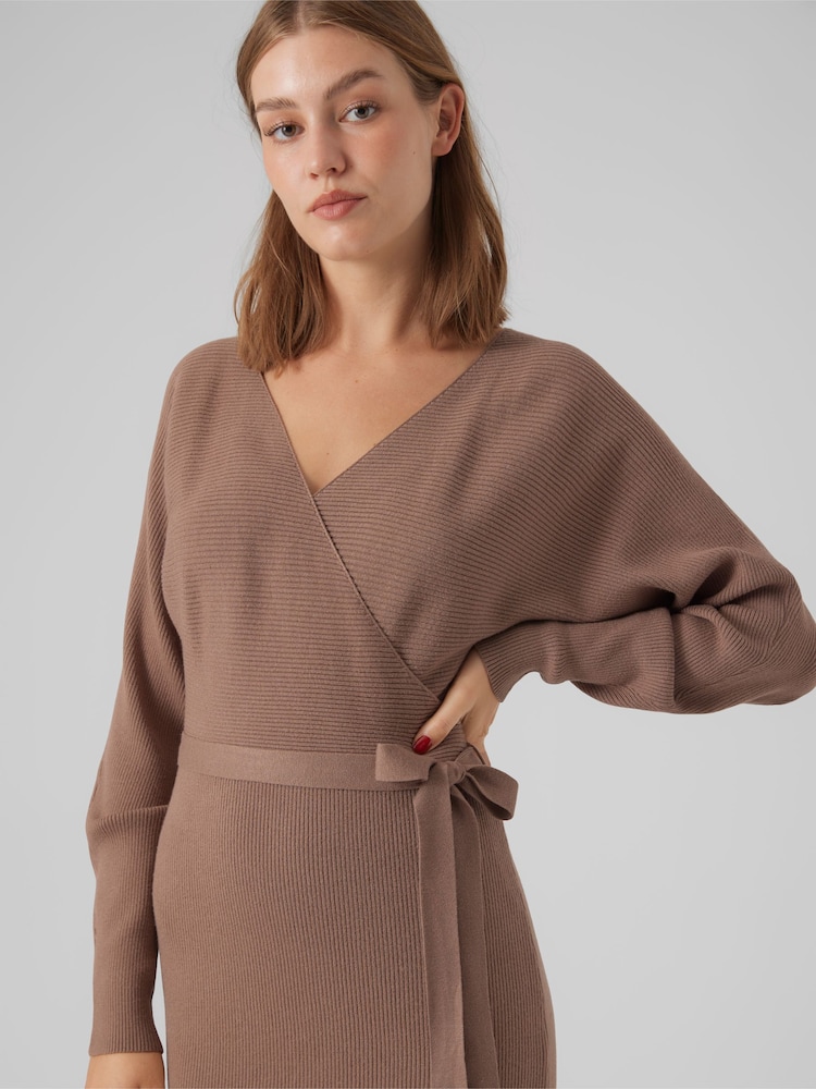 VERO MODA Brown V-Neck Wrap Belted Knitted Jumper Dress - Image 4 of 5
