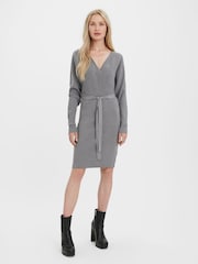 VERO MODA Grey V-Neck Wrap Belted Knitted Jumper Dress - Image 3 of 5