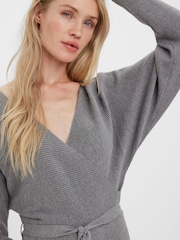 VERO MODA Grey V-Neck Wrap Belted Knitted Jumper Dress - Image 4 of 5