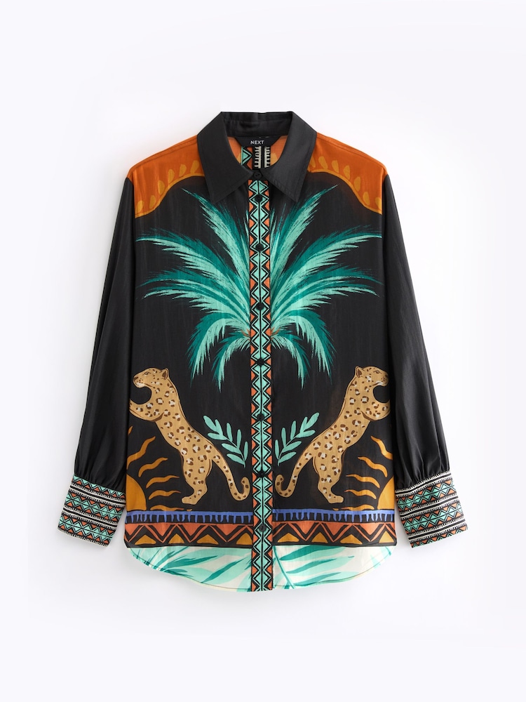 Black Animal Placement Print Sheer Long Sleeve Oversized Shirt - Image 2 of 2