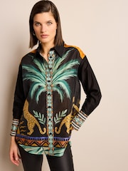 Black Animal Placement Print Sheer Long Sleeve Oversized Shirt - Image 4 of 6