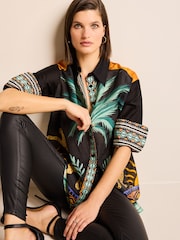 Black Animal Placement Print Sheer Long Sleeve Oversized Shirt - Image 5 of 6