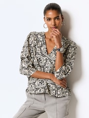 Black/White Linen Blend V-Neck 3/4 Sleeve Blouse - Image 1 of 6