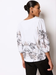 White/Black Floral Placement Linen Blend V-Neck 3/4 Sleeve Blouse - Image 3 of 6