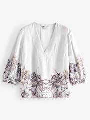 White/Black Floral Placement Linen Blend V-Neck 3/4 Sleeve Blouse - Image 5 of 6