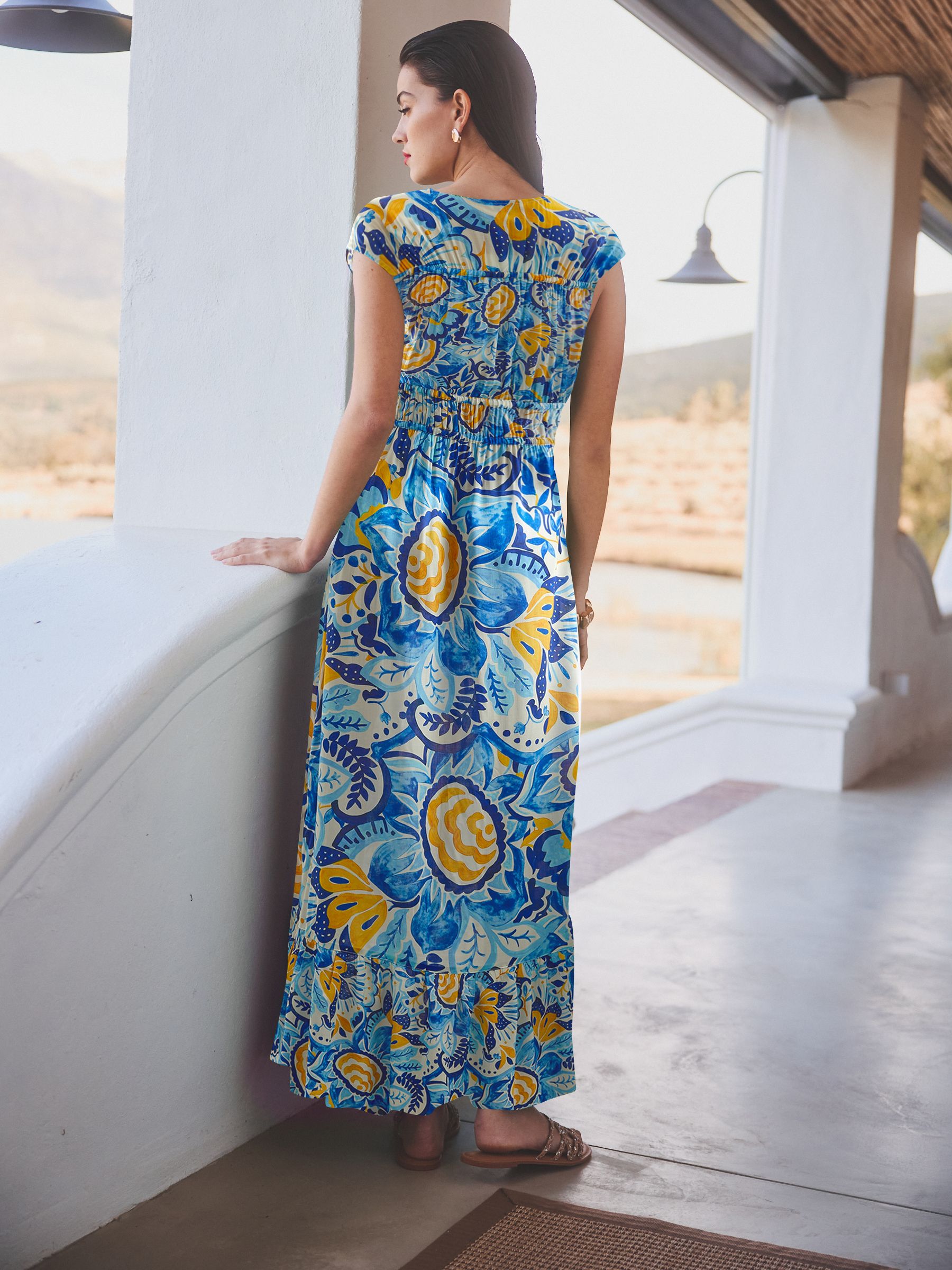 Buy Blue Yellow Leaf Print Tie Front Short Sleeve Maxi Dress from Next Luxembourg