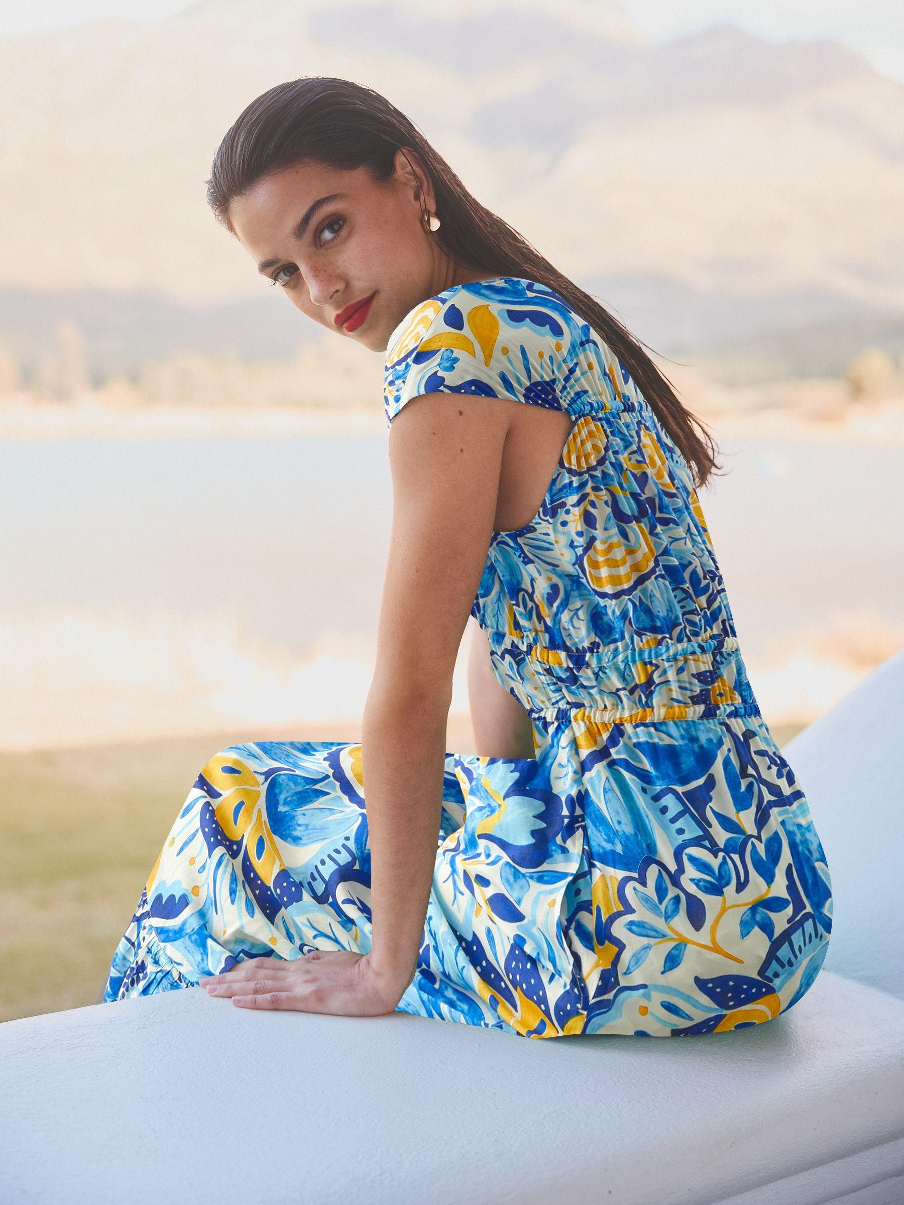Buy Blue Yellow Leaf Print Tie Front Short Sleeve Maxi Dress from Next Saudi Arabia