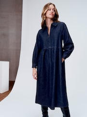 Monsoon Blue Alana Midi Zip 100% Cotton Dress - Image 1 of 6