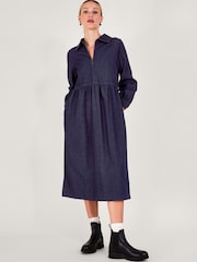Monsoon Blue Alana Midi Zip 100% Cotton Dress - Image 2 of 6