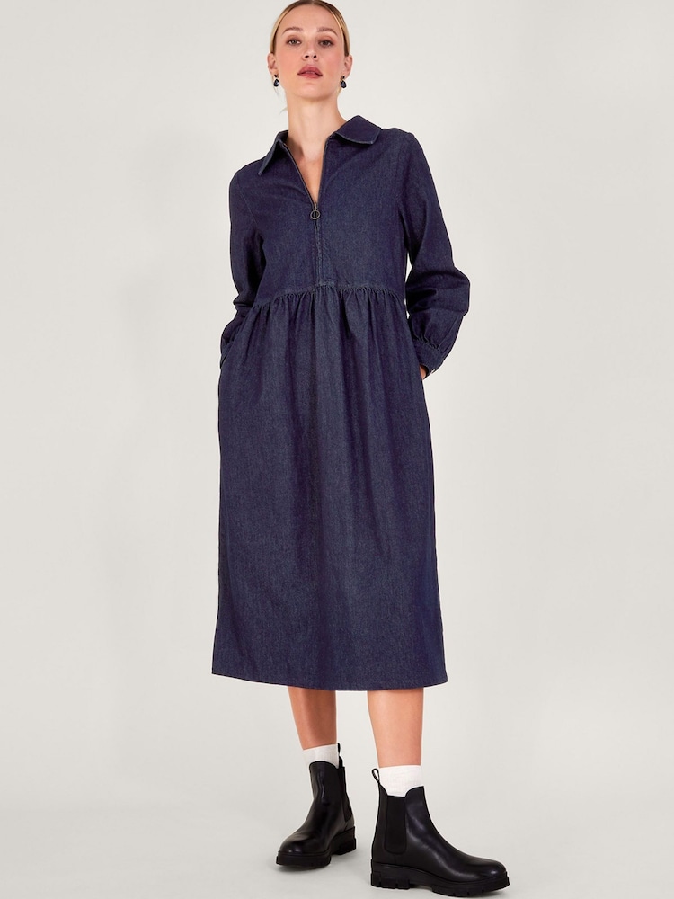 Monsoon Blue Alana Midi Zip 100% Cotton Dress - Image 2 of 6