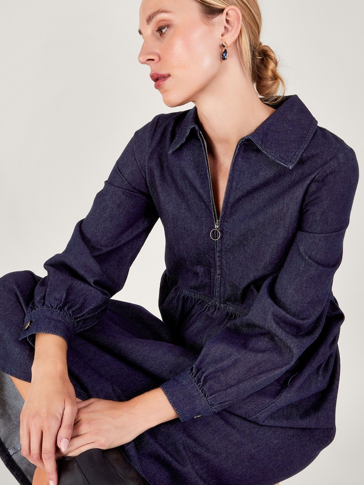 Monsoon Blue Alana Midi Zip 100% Cotton Dress - Image 5 of 6