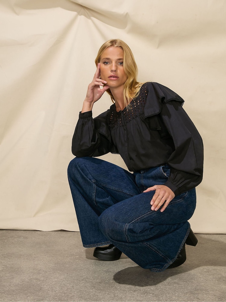 Ro&Zo Trim Insert Cotton Black Blouse - Image 1 of 6