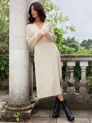 Ro&Zo Knit V-Neck Midi Natural Dress - Image 1 of 7