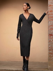 Ro&Zo Rib Knit Wrap Black Dress - Image 1 of 6