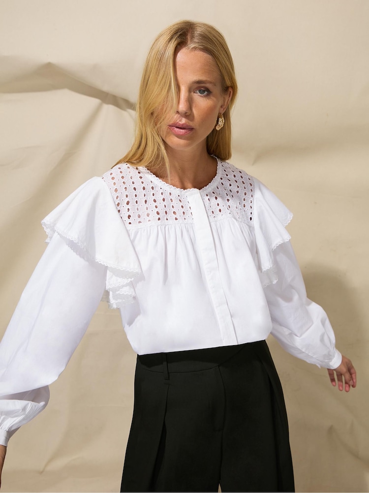 Ro&Zo Trim Insert Cotton White Blouse - Image 1 of 7